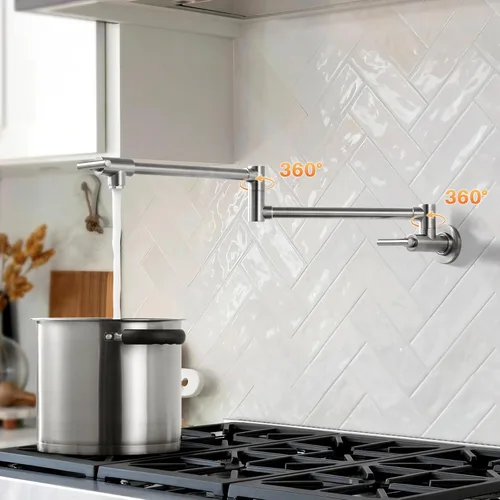 Miniatura 3 de Grifo de llenado de ollas de níquel cepillado: WOWOW - Llenador de ollas de acero inoxidable sobre la estufa, grifo plegable de cocina montado