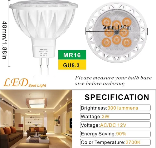 Miniatura 2 de Bombillas LED MR16 de 3 W (equivalente a halógeno de 35 W), base GU5.3 de 2700 K, foco de 12 V, 300 lm, para iluminación de riel empotrada