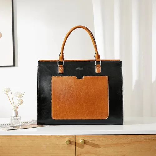 Miniatura 5 de BROMEN Maletín de cuero para mujer 15.6 pulgadas portátil bolso de hombro negro con marrón y mujeres cuero RFID blcoking cremallera cartera marrón