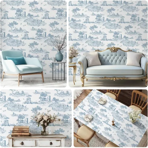 Miniatura 7 de WENMER Toile de Jouy - Papel de contacto Toile de Jouy, papel tapiz azul y blanco, papel adhesivo vintage de país francés para dormitorio, sala
