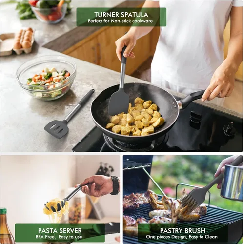 Miniatura 4 de HOTEC Utensilios de cocina de silicona resistentes al calor de 446 °F, juego de utensilios de cocina, juego de espátula, sin BPA, utensilios de Gris