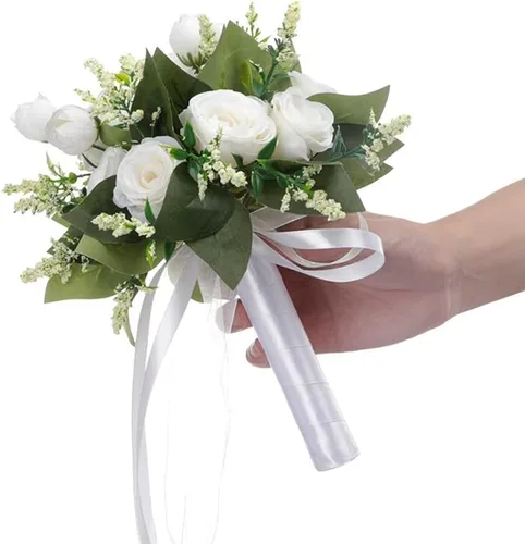 Miniatura 2 de EUBUY Ramos de boda para dama de honor, rosas artificiales blancas de 10.2 pulgadas, juego de ramos de seda de la serie Forest con lazo de cinta