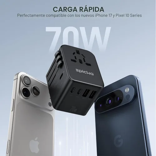 Miniatura 2 de EPICKA Adaptador de viaje universal, adaptador de enchufe internacional GaN con 3 USB-C de carga rápida PD de 70W y 2 USB-A todo en uno cargador