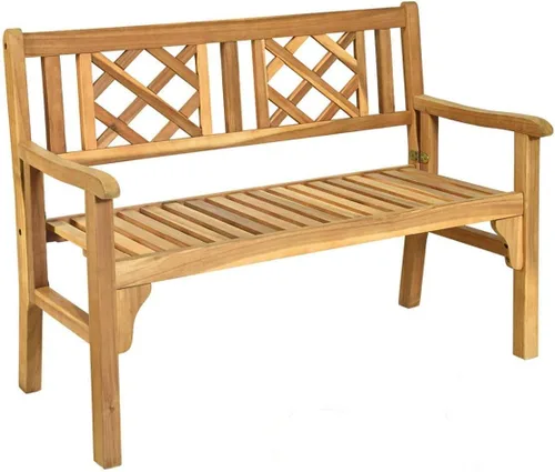 HAPPYGRILL Banco de patio al aire libre, banco de jardín de madera de acacia con respaldo y reposabrazos, silla plegable de 4 pies para dos personas