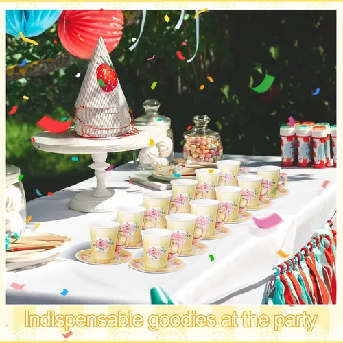 Miniatura 6 de Zopeal 100 piezas desechables para decoración de fiesta de té, taza de papel floral de 9 onzas con asa y platillo para el día de la madre, boda