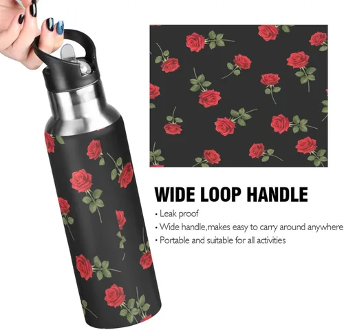 Miniatura 4 de Red Roses Green Leaves Black Insulated Water Bottle 32 Oz, BPA-Free Sports Water Bottle with Straw Leakproof Water Bottles