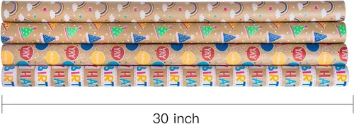 Miniatura 6 de RUSPEPA Rollos de papel kraft para envolver regalos - Diseño de arcoíris de cumpleaños colorido, total de 4 rollos (30 pulgadas x 10 pies, 4 rollos)