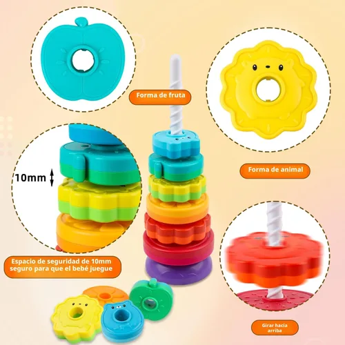 Miniatura 5 de BYFWH Juguetes giratorios apilables para bebés de 12 meses en adelante, anillo de arcoíris, flores, animales, frutas, apilador, juguetes ABS