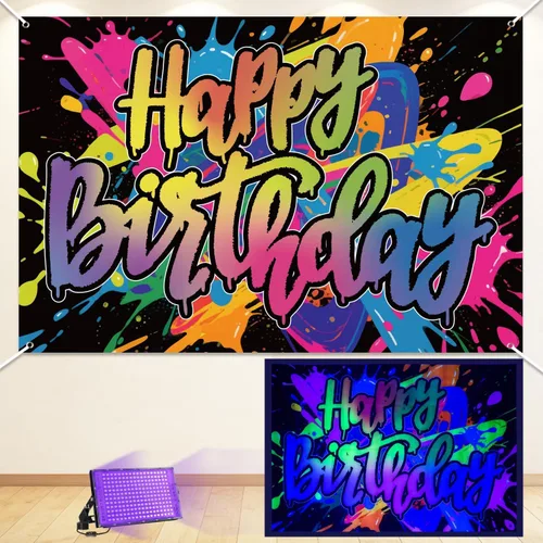 Graffiti - Telón de fondo de feliz cumpleaños – Colorido Graffiti Splash Paint Neon Happy Birthday Banner para decoraciones de fiesta de neón,
