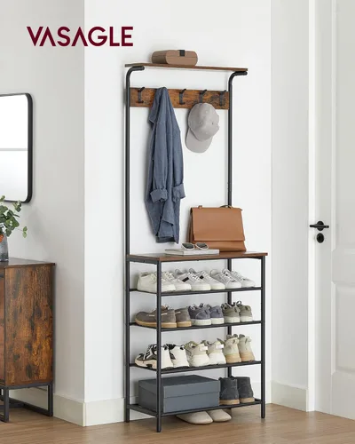 Miniatura 2 de VASAGLE Perchero de Pie con Banco para Zapatos, Perchero Banco para Zapatos, Zapatero de 5 Niveles de Diferentes Alturas, 5 Ganchos Dobles, Estante