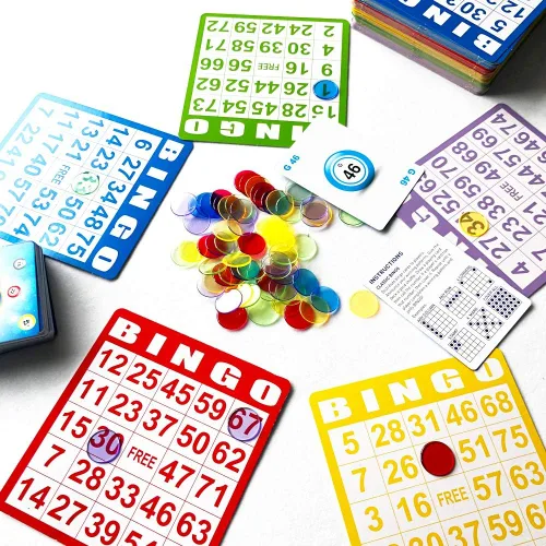 Miniatura 3 de Yuanhe Juego de tarjetas de bingo: incluye 50 tarjetas de bingo, 500 fichas de bingo transparentes coloridas y baraja de tarjetas de llamada, ideal