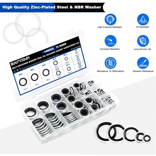 Miniatura 4 de 165 Piezas Arandelas de Sellado Adheridas, Arandelas de Goma de Sellado Autocentradas NBR Métricas de Acero Galvanizado en Zinc, Kit de Surtido