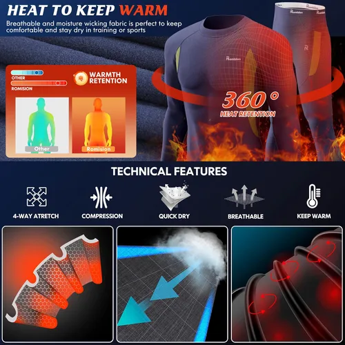 Miniatura 3 de romision 2 Pack Thermal Underwear for Men Long Johns Fleece Lined Hunting Gear Bottom Top Set Base Layer Cold Weather XS-4XL