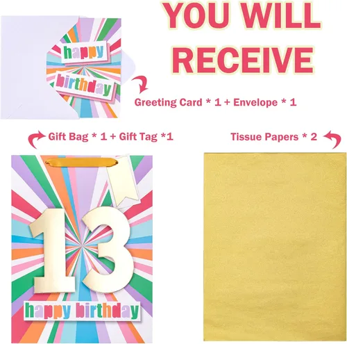 Miniatura 3 de WRAPAHOLIC Bolsa de regalo de cumpleaños grande de 13 pulgadas con tarjeta y papel de seda - 13 cumpleaños