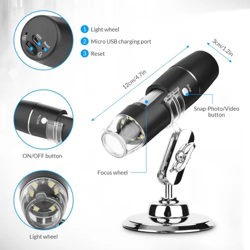 Miniatura 5 de Microscopio digital portátil inalámbrico para niños y adultos, aumento de 50 x 1000 x con soporte giratorio de 360 grados, compatible