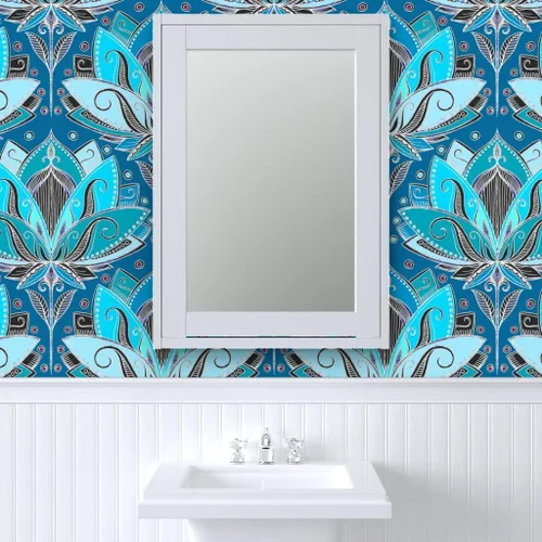 Miniatura 9 de Muestra de papel tapiz extraíble - Art Deco Lotus Teal Turquoise Negro Nouveau Retro Tea Geométrico Azul Aqua Papel pintado personalizado pre-pegado