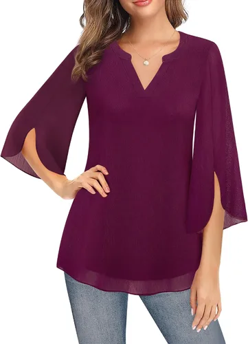 Miniatura 4 de Timeson Blusa de gasa de manga 34 para mujer, cuello en V, túnica elegante