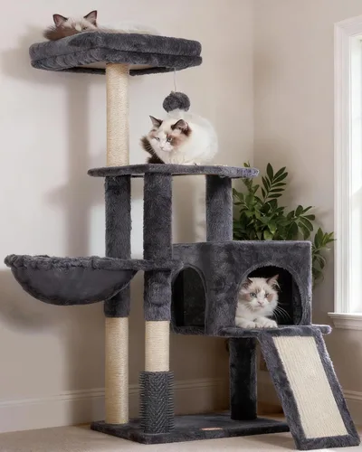 Heybly Árbol de Gato con Cepillo Auto-Limpieza, Torre de Gato para Interior con Nido Acolchado, Casa de Gato con Cesta, Tabla de Rascar y Poste,