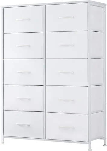 Miniatura 20 de DUMOS Cómoda para dormitorio, organizador de almacenamiento con 9 cajones, cómoda con cubos de tela, marco de metal resistente, mesa de madera