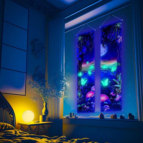 Miniatura 4 de Tiamon 2 Piezas Decoración de Pared Arte con Luz Negra Tapiz Psicodélico Luz Negra Tapiz Reactivo UV Póster Banner Estético Colgante para Habitación