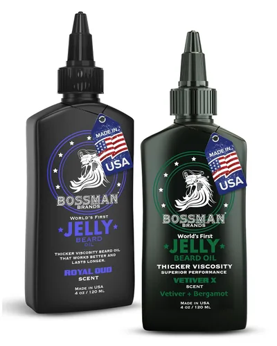 Bossman Paquete de aceite de gelatina para barba para hombre, paquete de 2, 8 onzas (Royal Oud + Vetiver X Scents), suaviza, hidrata y acondiciona