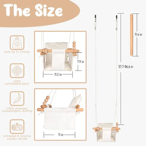 Miniatura 3 de Columpio para Bebé Interior y Exterior Asiento de Columpio para Niños Pequeños con Cinturón de Seguridad, Columpios Colgantes de Lona para Exterior