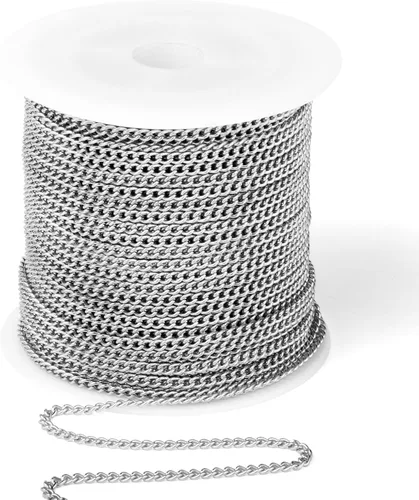 Miniatura 28 de [66 pies/20M] Cadena de bordillo de acero inoxidable chapada en oro de 18 quilates, 2mm, acero inoxidable 304, eslabones trenzados planos, cadenas