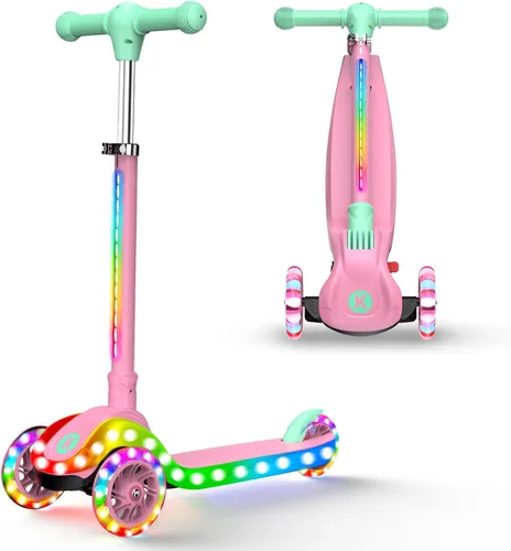 Miniatura 10 de Patinete ajustable 2 en 1 para niños de 3 a 5 años (adecuado de 3 a 12 años), manillar de 5 niveles y asiento extraíble, ruedas con luces LED, Rosa