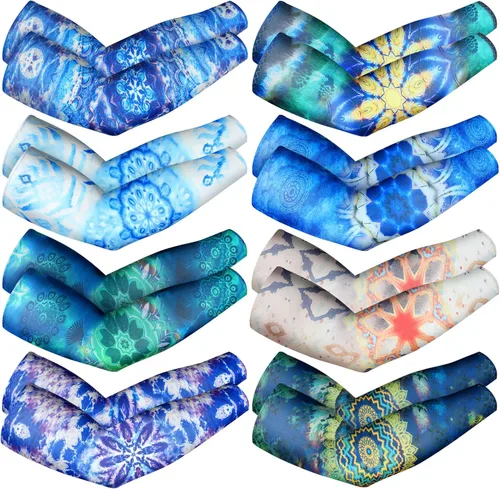 Mepase 8 pares de mangas de jardinería deportivas mandalas para mujeres y hombres, protección solar UV, mangas de enfriamiento, protección de brazo