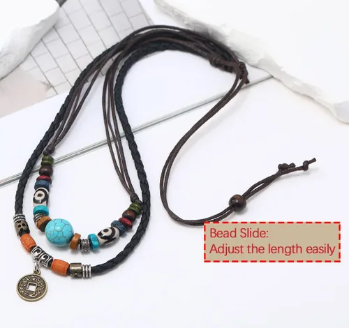 Miniatura 3 de Beulous Collar de cuero con cuentas de doble capa estilo tribal vintage para hombre y mujer, con colgante para surfista de verano y playa, Cuero, No