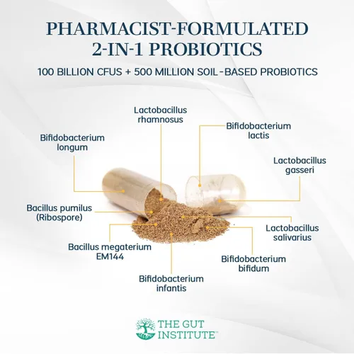 Miniatura 5 de Microbiome Mojo - Probióticos 2 en 1 de alta potencia, 100 mil millones de UFC más 500 millones de probióticos viables a base de suelo por cápsula