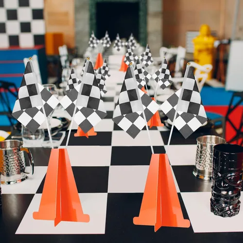 Miniatura 5 de Affrolling Las decoraciones de fiesta de autos de carreras incluyen 6 conos de tráfico naranjas y 12 banderas a cuadros, mini conos de cartón blanco