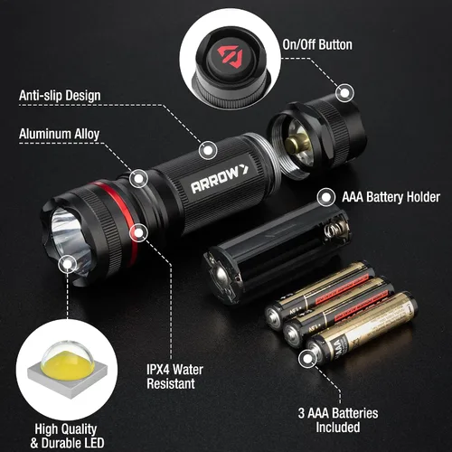 Miniatura 3 de Arrow - Linterna LED de 350 lúmenes, luz de flash brillante con modos alto/bajo/estroboscópico, linternas de mano de tamaño bolsillo