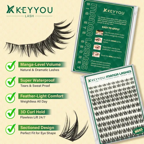 Miniatura 4 de KEYYOU Lash Manga, racimos de pestañas de 0.315 a 0.709 pulgadas, extensiones de pestañas naturales para bricolaje con banda fina suave (MG03)