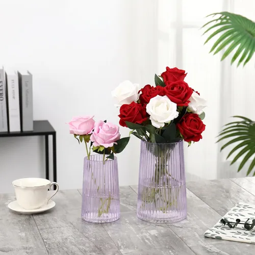 Miniatura 32 de Jarrón de vidrio ámbar para flores, florero para ramo, jarrones de vidrio modernos, jarrones acanalados para sala de estar, dormitorio, mesa