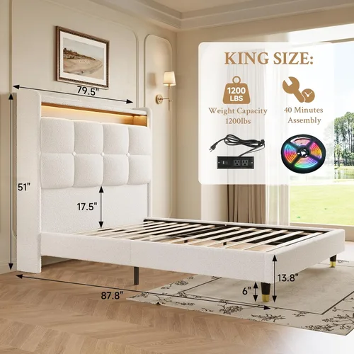 Miniatura 2 de koorlian Marco de cama tamaño King, cabecera capitoné capitoné de 51 pulgadas de alto, marco de cama tapizado de forro polar de peluche, luces LED