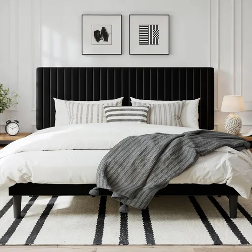 Miniatura 12 de GOLDORO Base de cama tapizada de terciopelo de tamaño matrimonial con cabecera capitoné de canal vertical, soporte de listones de madera,