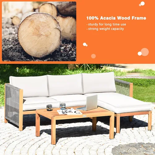 Miniatura 5 de Tangkula Juego de muebles de exterior en forma de L, juego de conversación de patio de madera de acacia de 3 piezas, con 2 sofás biplaza y mesa