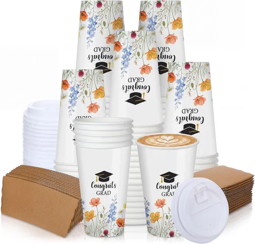 Miniatura 12 de Zhehao 90 piezas/30 juegos de tazas de café de papel navideñas con tapas y fundas, tazas de papel desechables para cacao caliente y fiestas