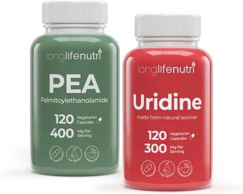 LongLifeNutri Palmitoiletanolamida 400 mg + Uridina 300 mg Bundle - 120 + 120 cápsulas vegetarianas, suministro para 4 meses, molestias y