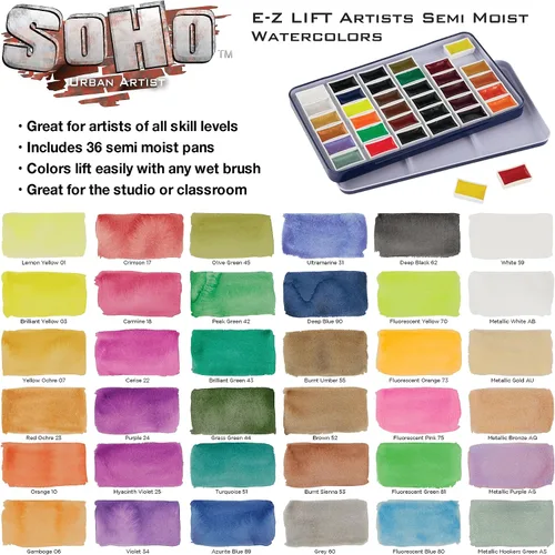 Miniatura 3 de Soho Urban Artist E-Z Lift Artist - Juego de 36 sartenes para acuarelas profesionales con colores ricos y brillantes para pintores, artistas