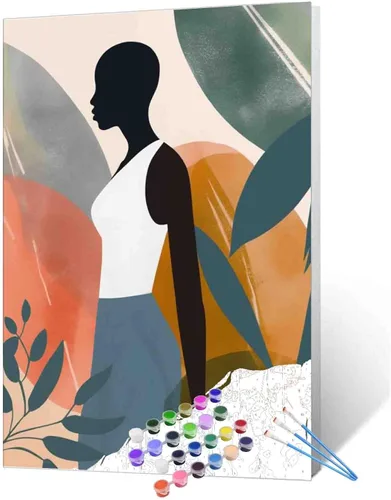 Miniatura 19 de Pintura de niña afro a la moda, kits de pintura por números, 16 x 20 pulgadas, lienzo de hojas tropicales, pintura al óleo para niños y adultos