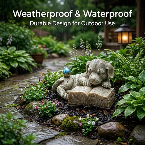 Miniatura 2 de Topadorn Estatua de jardín solar para cachorros con libro LED brillante, perro de resina pintado a mano con pájaro azul, decoración de patio al aire
