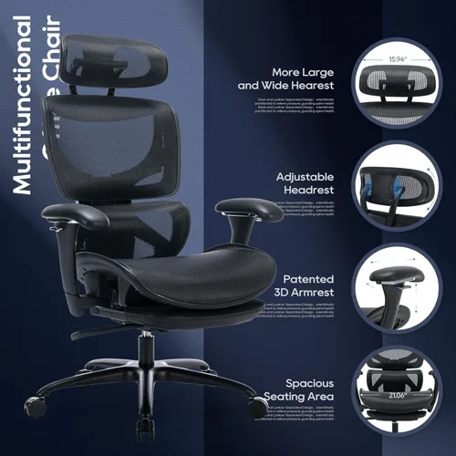 Miniatura 7 de COLAMY Silla de oficina ergonómica de malla con reposapiés, silla ejecutiva de escritorio de computadora con respaldo alto y reposacabezas anchos