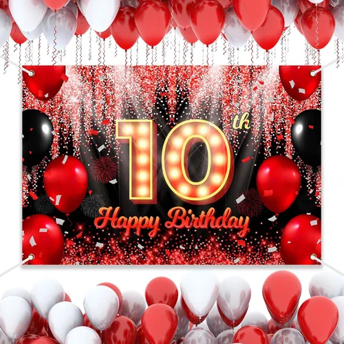 Miniatura 4 de Telón de Fondo Banner de Feliz 10º Cumpleaños Tema Negro y Rojo con Fondo de Neón Brillante y Moda para Fiesta de Cumpleaños Fotografía Accesorio