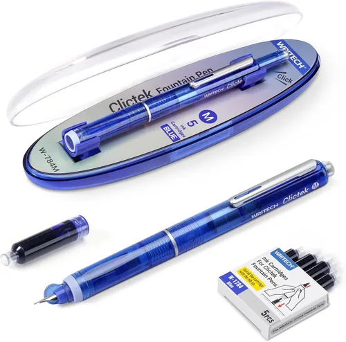 Miniatura 8 de WRITECH Clictek Pluma Estilográfica Retráctil: Plumín Medio Tinta Azul Barril Transparente Incluye 5 Cartuchos de Tinta Recargables, Escritura Suave