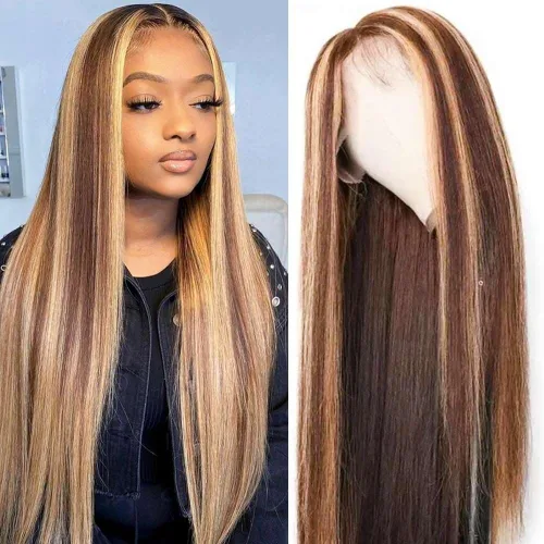 Miniatura 2 de Pelucas de cabello humano con reflejos y encaje frontal para mujer, 13 x 4, HD transparente 4/27, rubio miel, pelucas frontales de encaje