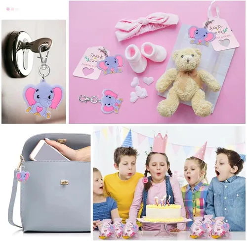 Miniatura 8 de Juego de 50 llaveros de elefante para baby shower, recuerdos de fiesta temática de elefante, suministros de fiesta de cumpleaños para niños y niñas