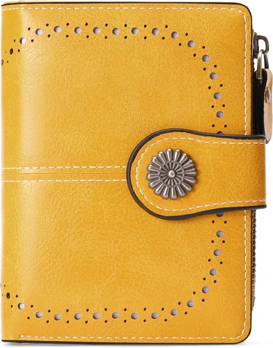 Miniatura 14 de Cartera pequeña para mujer, de piel, plegable, compacta, con bloqueo RFID, con bolsillo con cremallera para monedas, A01 Rojo Vino, Classic