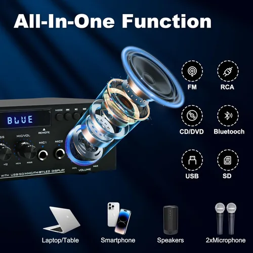 Miniatura 3 de AK45 Amplificador de audio estéreo para el hogar, mini receptor Bluetooth 5.0, amplificador de potencia estéreo de alta fidelidad Blutooth de 300 W